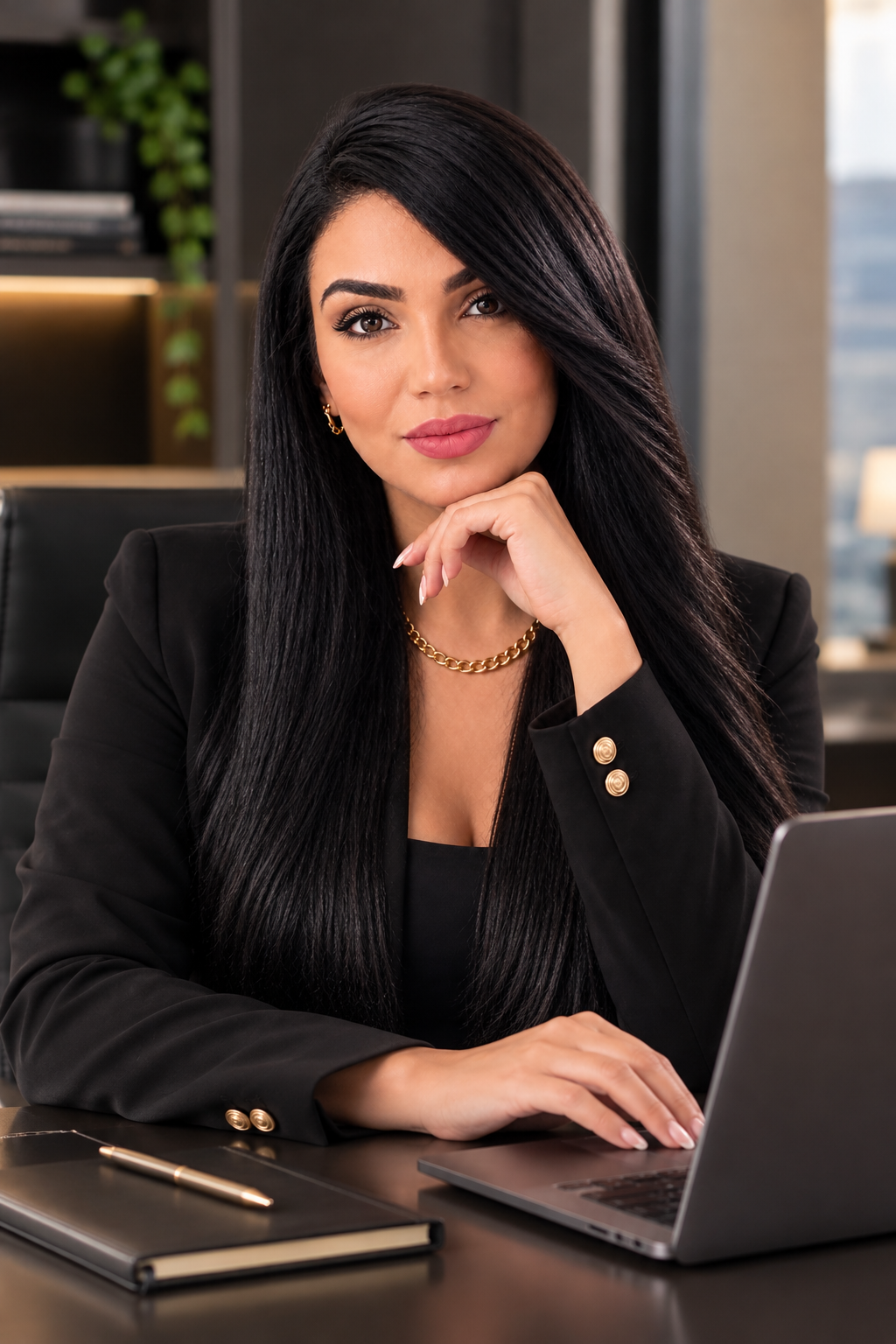 Daniela Nascimento de blazer preto em seu escritório, com a mão no queixo